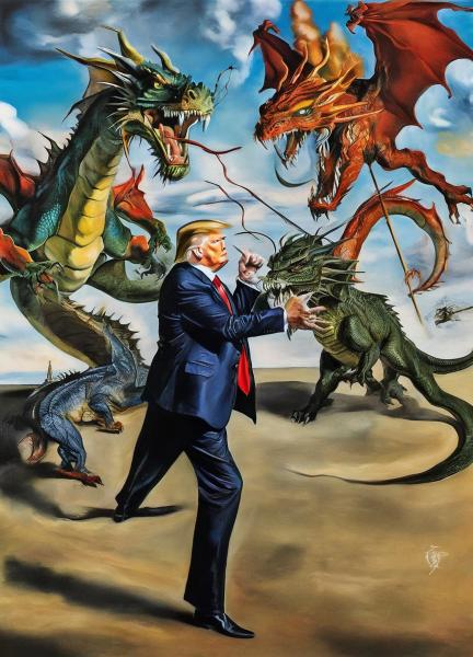 Donald Trump fighting a dragon.
