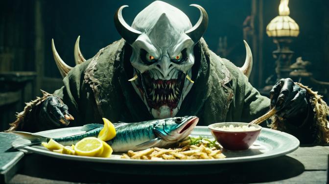 Overlord, demon, eating a fish.