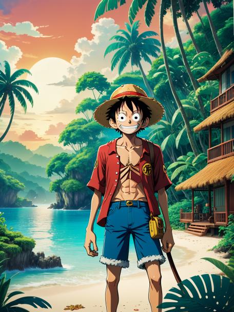 Monkey D. Luffy from the anime One Piece relaxing in a tropical resort in the studio Ghibli art style.