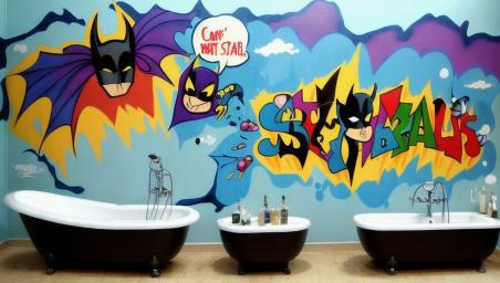 Batman fart bubble bath cartoon art style,