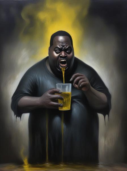 obese black man drinking piss