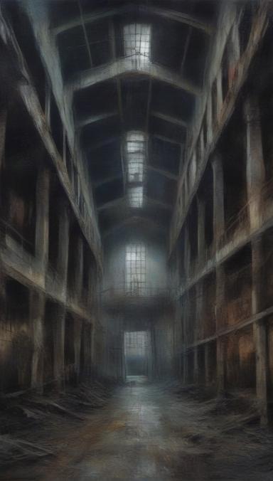 A wide shot of the inside of an abandoned factory.