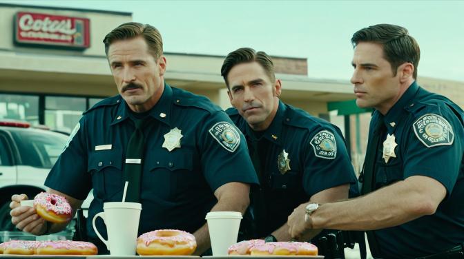 Cops drinking coffee and eating donuts.