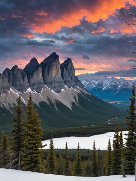 uh, the three sisters visible from the western side of Canmore, Alberta with a sunset.