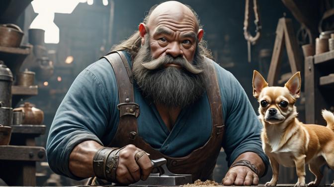 Blacksmith Dwarf with a Chihuahua.