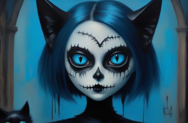 Catgirl with smooth skin, black cat ears, and a black tail, blue eyes.