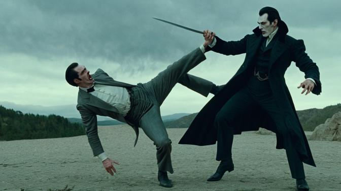 Dracula and Wolfman Fighting.