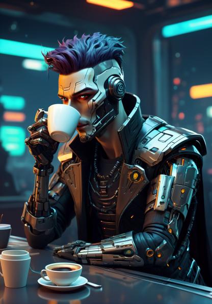 Orpheus drinking a cup of coffee.