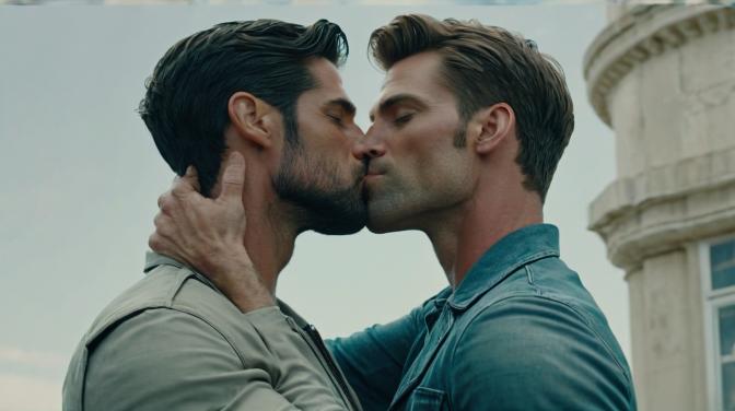 Gay men kissing.