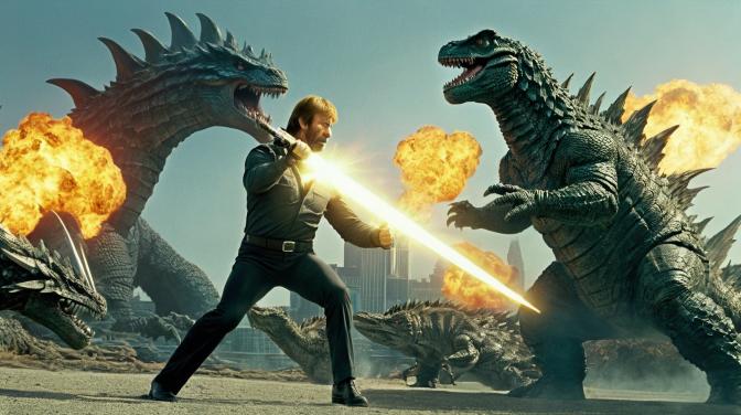 Chuck Norris with a beam saber fighting Godzilla.