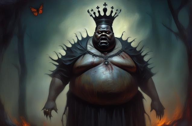 An obese black guy that looks like a monarch.