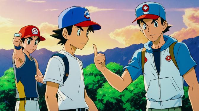 Ash Ketchum with Don and Brock from the Diamond and Pearl series generate an actual picture from either the anime or a wallpaper.