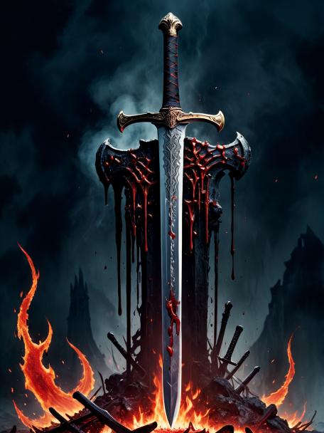 A sword on flames, made of bones, dripping blood everywhere.