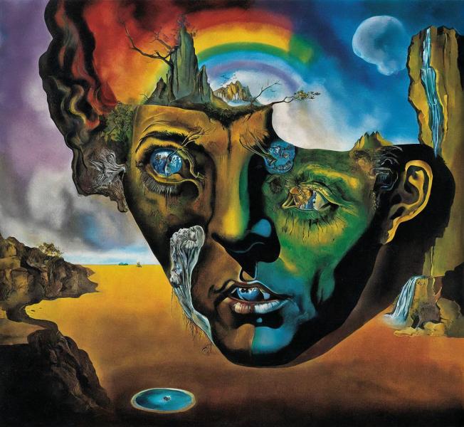 front view of a face made of earth landscapes it looks like a lush planet but it's a human face and out of one of its eyes is a waterfall and that waterfall flows into its mouth in the background there's a rainbow and fractals