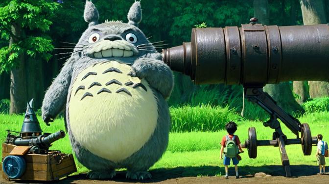 Totoro makes a big cannon at Mikey.