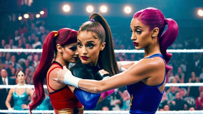 Ariana Grande and Jessica Rabbit in a wrestling match.