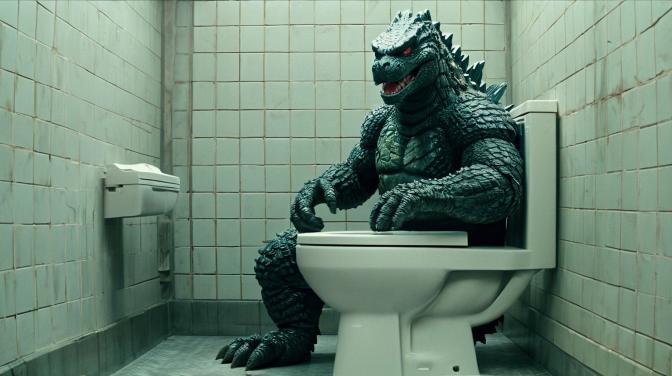 Godzilla taking a dump on a toilet.