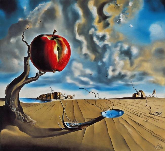 Sand sky, water ground, with an apple in the front.