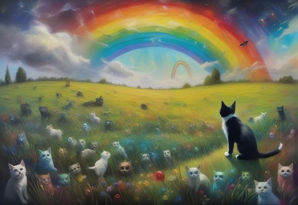 A rainbow surrounded by 100,000 other rainbows, a puppy, a kitten, a starry meadow, a field with grass, a gentle breeze day, sunny day, happy.