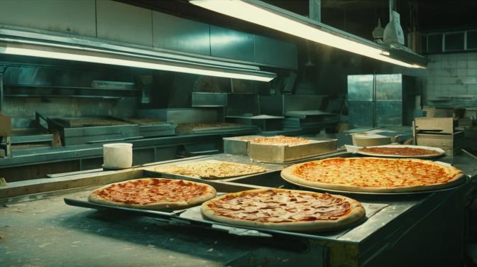 Put everything inside of a run-down pizza shop.