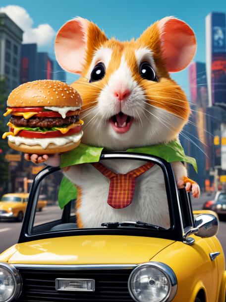 Freaky hamster in a car eating a burger