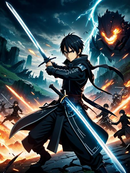I want Kirito from SAO or Sword Art Online attacking Heathcliff in an epic dueling scene.