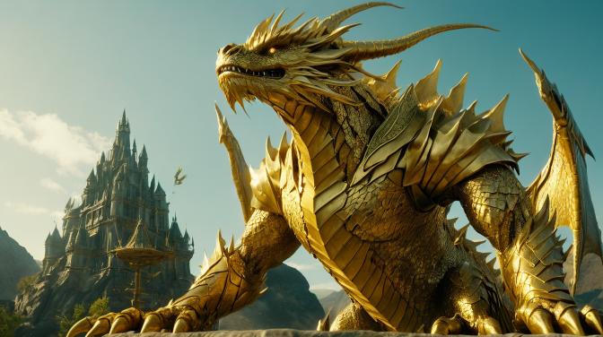 A golden dragon mixed with a golden golem.