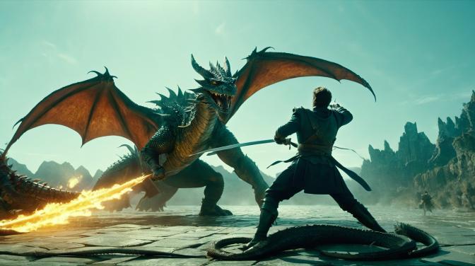 A hero fighting a dragon.