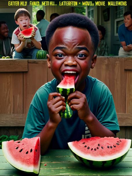 Black kid with Down syndrome eating watermelon.