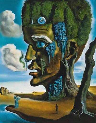 humanoid head made of an earthly landscape that is bustling with life blue and green tall trees and a waterfall running out of its eyes into its mouth
