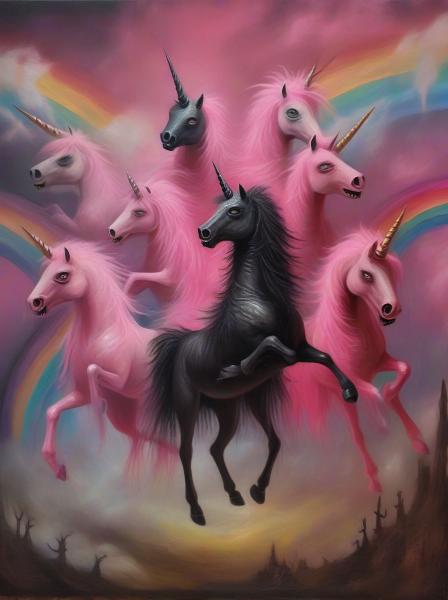 Pink fluffy unicorns dancing on rainbows.