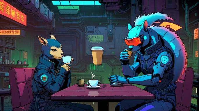 Luna, Squirrel and Dragon having coffee.