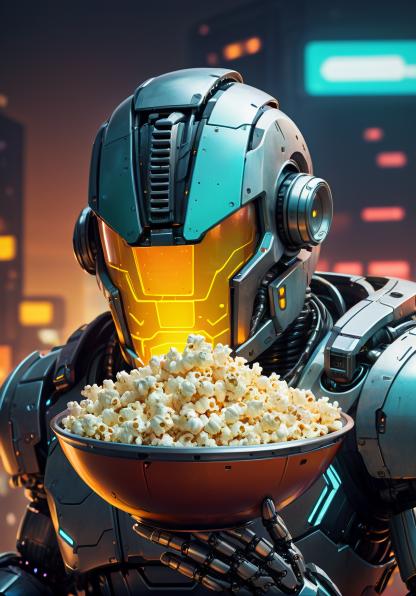 fat robot holding giant bowl of popcorn