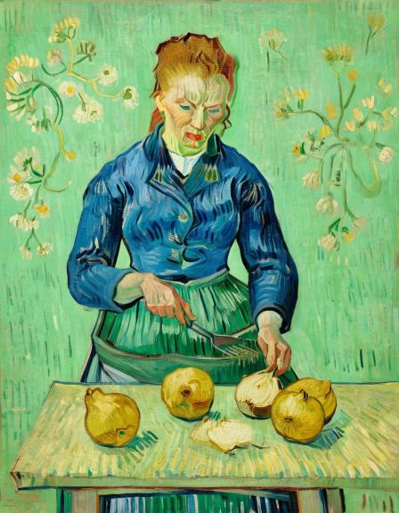 A hopeful woman chopping onions.