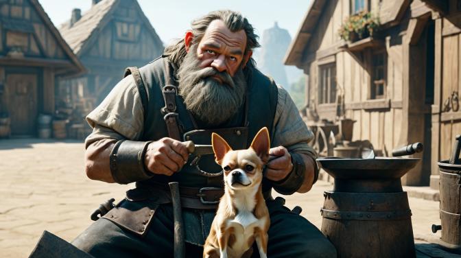 A blacksmith's dwarf with a chihuahua.