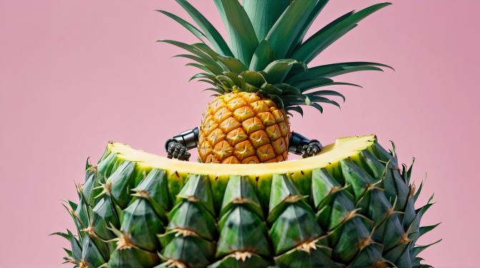 A robot that looks like me upside down on a pineapple.