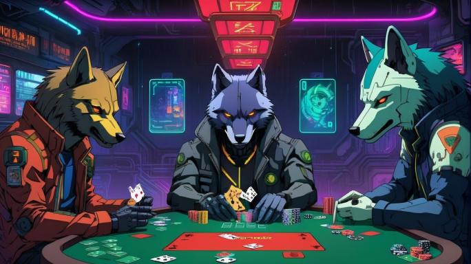 Cyberpunk Wolves Playing Poker.
