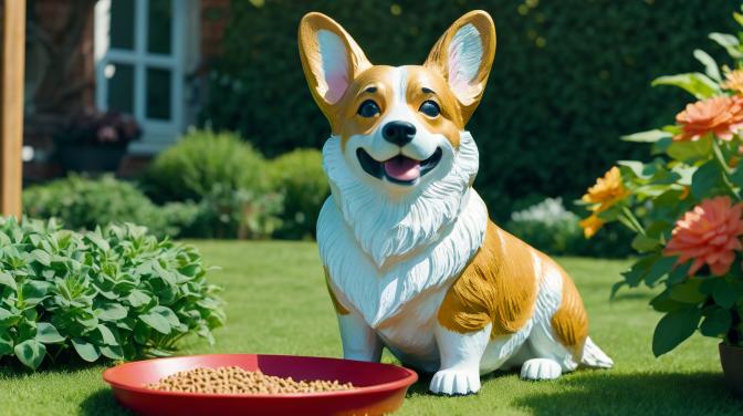Corgi statue in a garden eating dog food