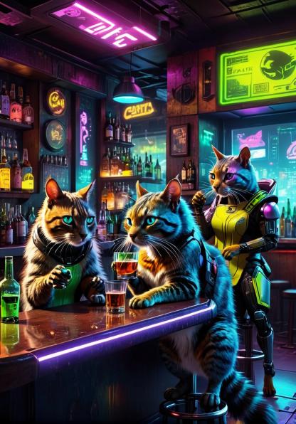 Cats and squirrels drink in the bar.