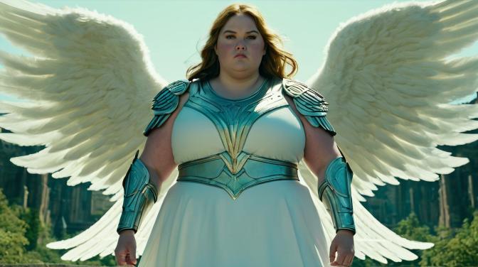 A fat girl as an angel warrior.