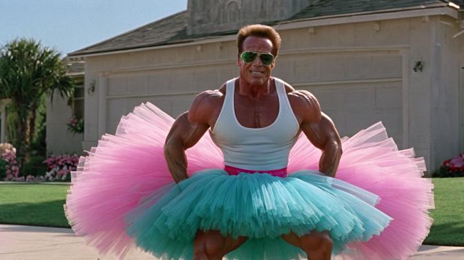 Midget Arnold Schwarzenegger wearing a tutu.