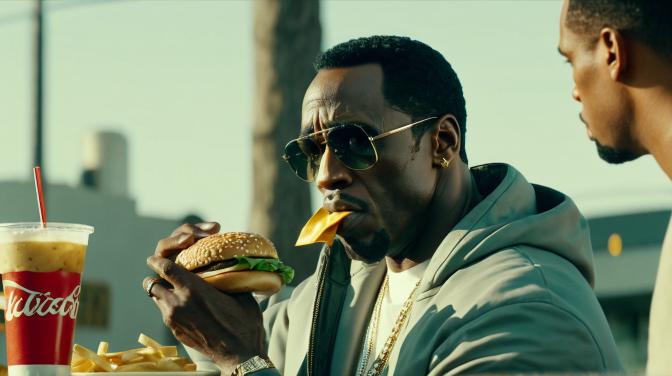 Diddy eating a burger.