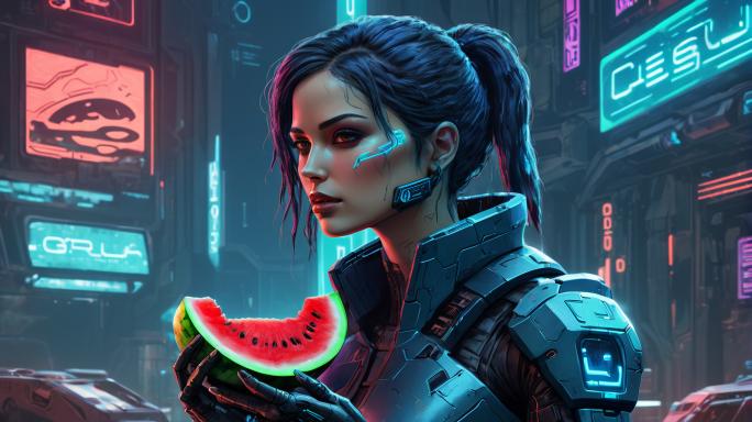 Cortana, from Halo 3, eating watermelon.