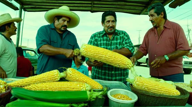 Mexicans selling corn at a stand.