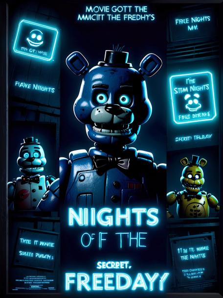 put five nights at freddy's characters into a picture but instead of five nights at freddy's it says secret of the mimic written in neon blue