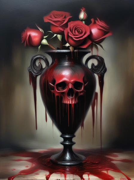 Create image of a rose in a vase with blood pouring out of the petals dripping onto skulls at the bottom of the vase.