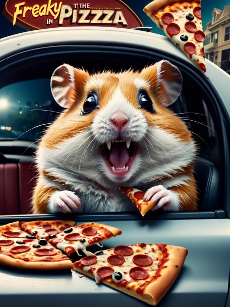 Freaky hamster in a car eating pizza