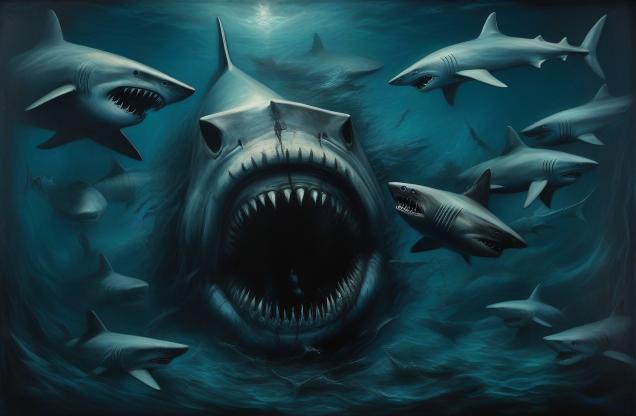 The deep underwater dark underwater crevice filled with sharks and the great unknown