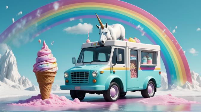 Ice cream machine with a unicorn sitting on top of it pooping rainbow ice cream
