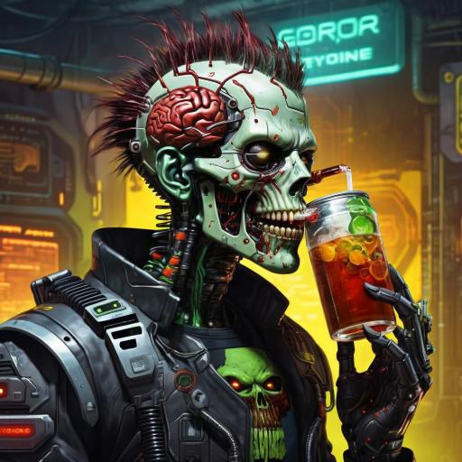 Cyborg zombie slurping a brain beverage.